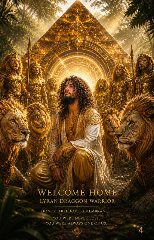 Welcome Home — Lyran Draggon Warrior with Lions at the Pyramid Stargate
